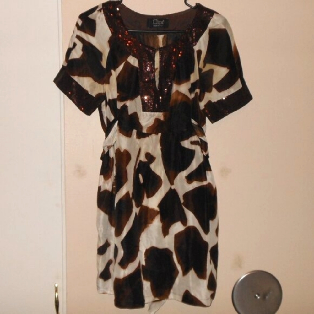 Clips made in Italy 100% silk  shirt brown cream sequin medium